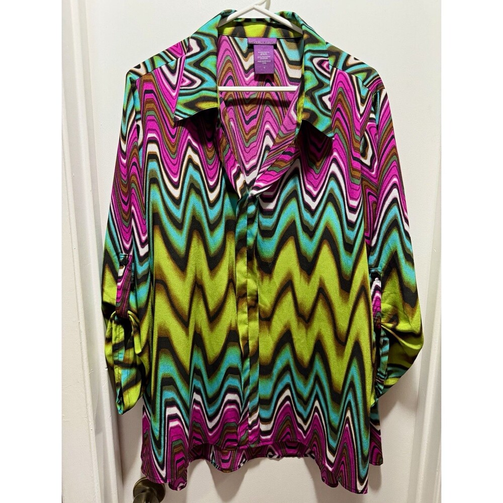 Beverly Drive Women’s Plus 1X Multicolor Chevron Satin Long Sleeve Button Blouse